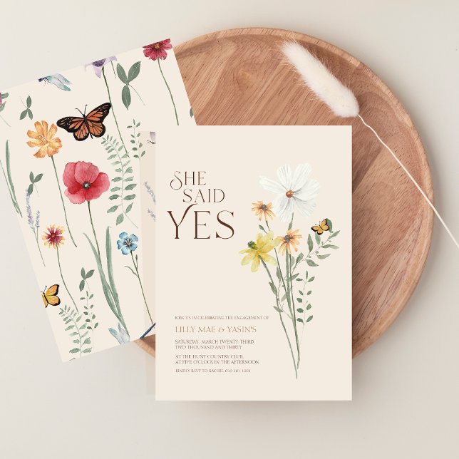 Hon Sade Ja Whimsical Gul Margareta Förlovning Inbjudningar (Whimsical Daisy Wildflower She Said Yes Engagement Invitation)