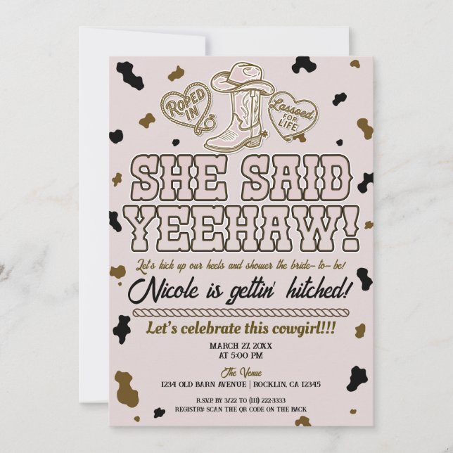 Hon Sade Yeehaw Rosa Country Cow Bröllopsdusch  Inbjudningar (Framsida)