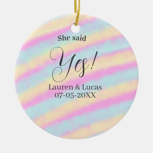 Hon sag ja förlovningsfest rosa blå gul ste julgransprydnad keramik (Framsidan)
