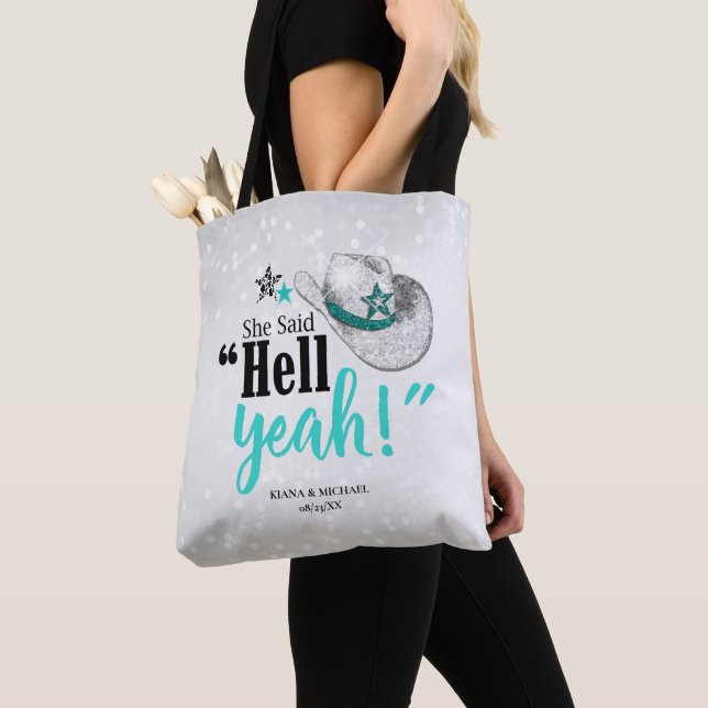 Hon Said 'Hell Yeah' Cowgirl Hatt Teal ID927 Tygkasse (Närbild)