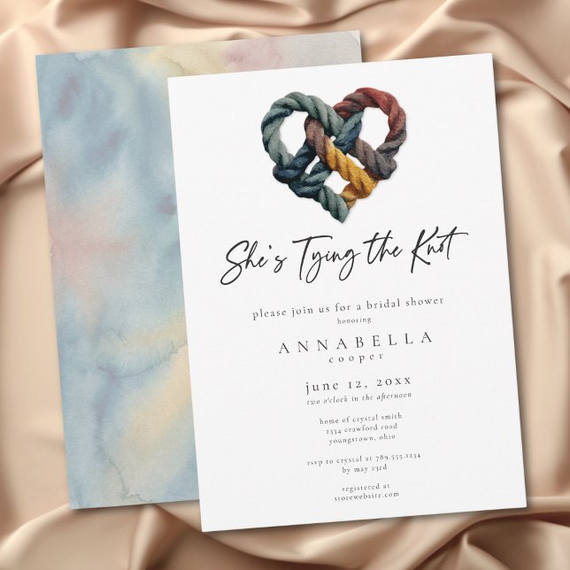 Hon slår knuten Reps Hjärtbröllopsfest Inbjudningar (Shes Tying the Knot Rope Heart Bridal Shower Invitation)