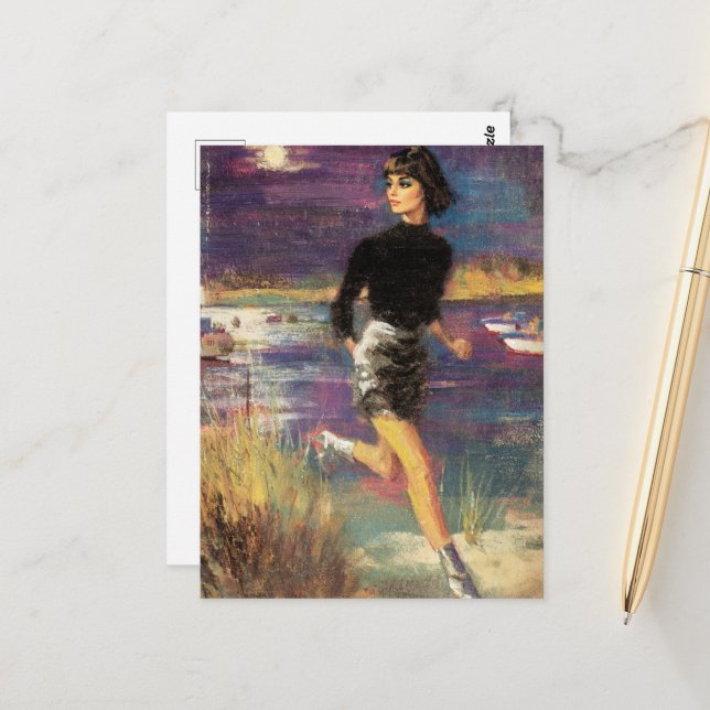 Hon Springa på Beach Retro Vykort (Fram/Back In Situ)