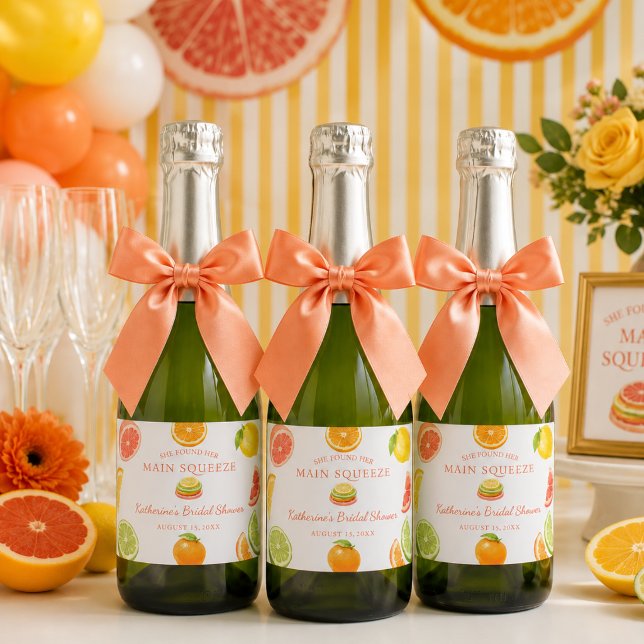 Hon Syste Sin Huvudtryck Bröllopsdusch (She found her Squeeze Citrus Bridal Shower Sparklin wine label)