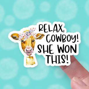 Hon vill slappna av Cowboy Cute Cow Pun Business Klistermärken