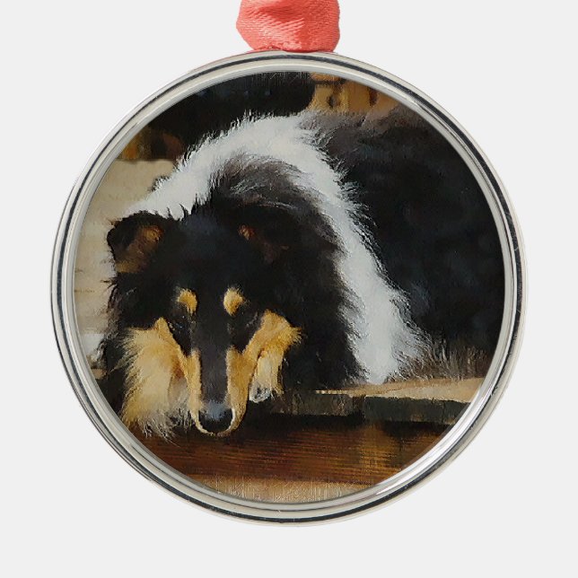 Hon Waits Tri Färg Collie Julgransprydnad Metall (Framsidan)