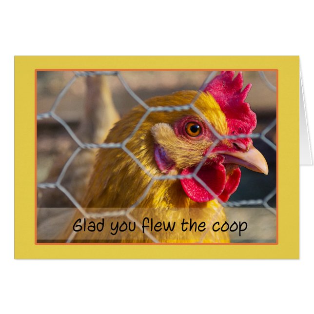 Höna i det glada staket flög du coopen får väl hälsningskort (Framsidan Horizontal)