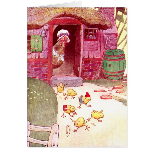 Höna i hållande ögonen på chickar för rosahus hälsningskort (Framsidan)