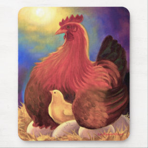 Höna med mång- chicklantgårdkonst - musmatta