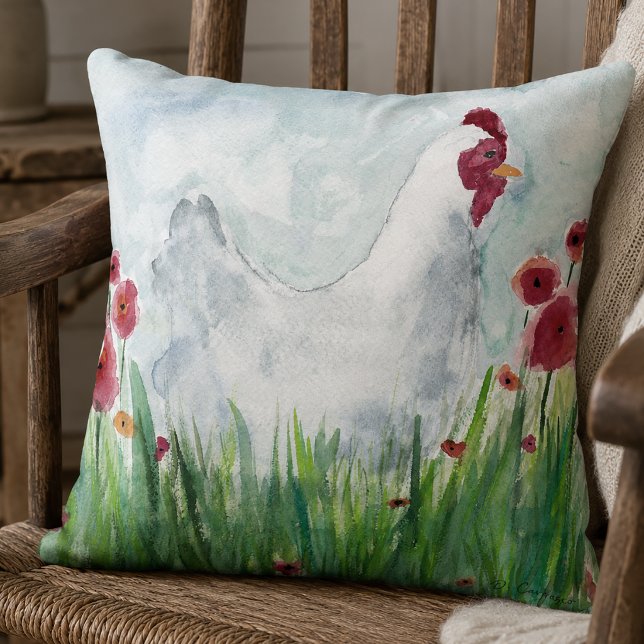 Höna och vallmos farmhouse kastkudde kudde (Hen and Poppies Throw Pilow)