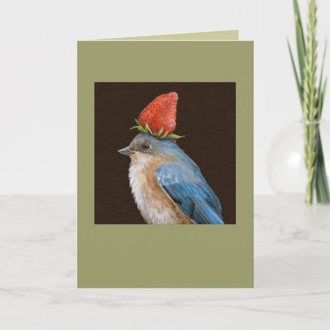 Honblåfågel med jordgubbskort kort (Framsida)