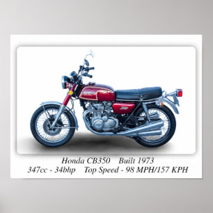 Honda CB350 Fyra 1973 Motorcykel - A3 Skriv ut Poster