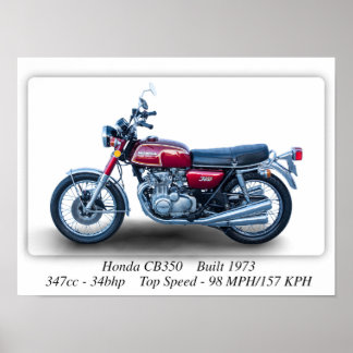 Honda CB350 Fyra 1973 Motorcykel - A3 Skriv ut Poster