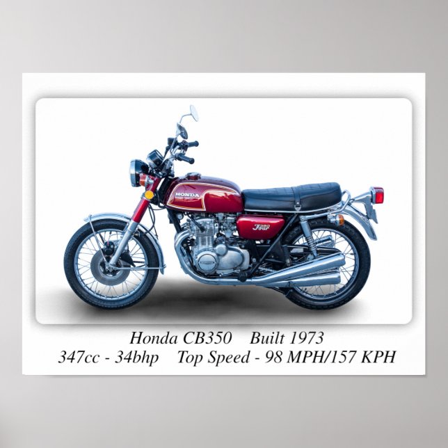 Honda CB350 Fyra 1973 Motorcykel - A3 Skriv ut Poster (Framsidan)