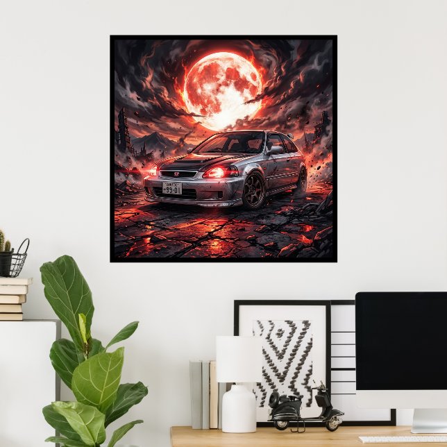 Honda Civic EK9 SiR en blodröd måne Poster (Hemmakontoret)