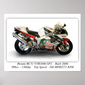 Honda RC51 VTR1000 SP2 Kastrol motorcykel - A3 Poster