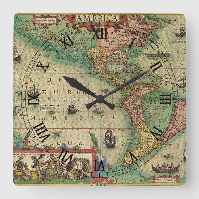 Hondius antika världskarta över Amerika Fyrkantig Klocka (Framsida)