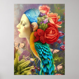 Hondjuret ansikte med blommigt på fjädrar poster