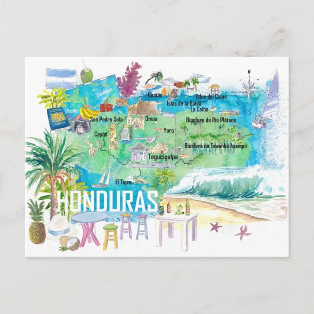 Honduras Illustrated Travel Karta med vägar Vykort (Framsida)