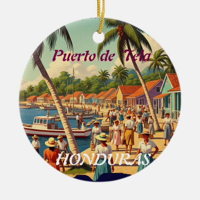  Honduras Puerto Tela Retro poster Julgransprydnad Keramik (Framsidan)