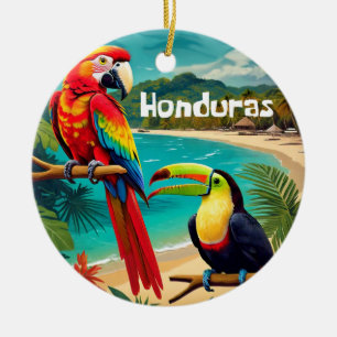 Honduras Resemålning Gammal Affisch Ara och Tukan Julgransprydnad Keramik