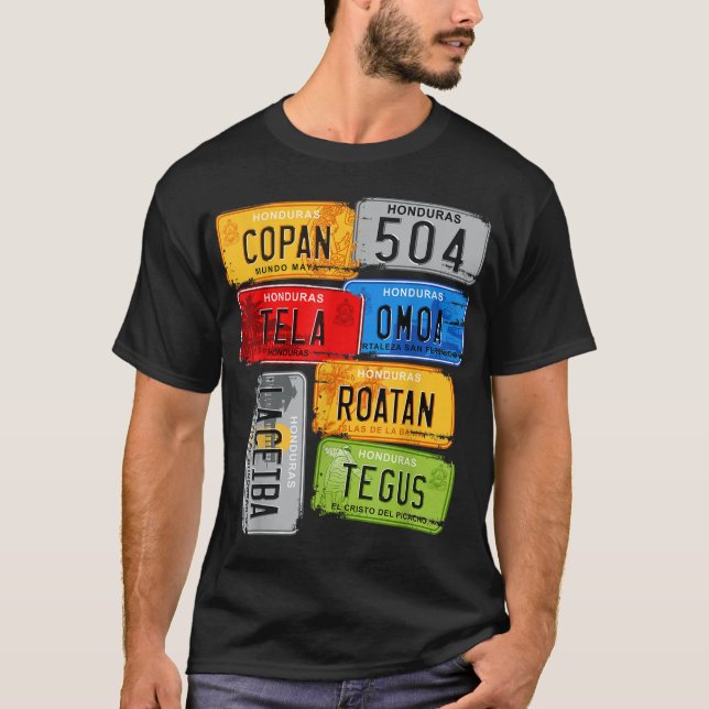 Honduras, turistisk car tallrikar, Copan, Tela, Om T Shirt (Framsida)