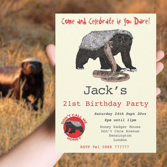 Honey badger Badass Animal Funny 21:a födelsedagen (Honey badger themed 21st birthday party invitation badass fearless wild animal)