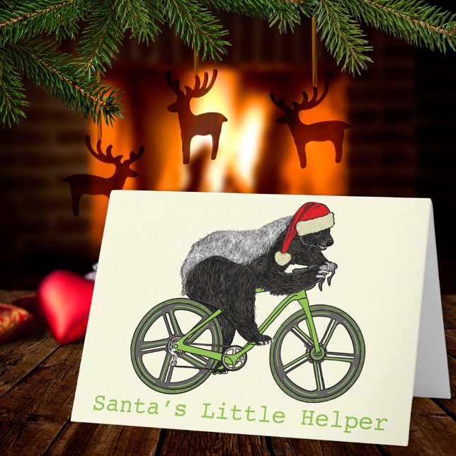 Honey Badger Cykling Rolig Rebellisk Jul Slogan Kort (Funny christmas honey badger on a bicycle santa little helper quote holiday greetings card)