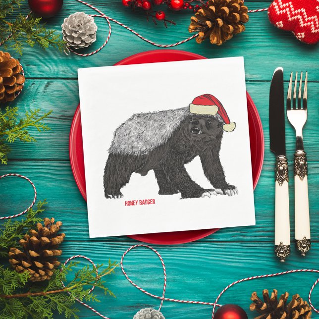 Honey badger Funny Badass Festive Santa Humor Pappersservett (Christmas honey badger wearing a Santa hat wild animal art holiday party napkin)