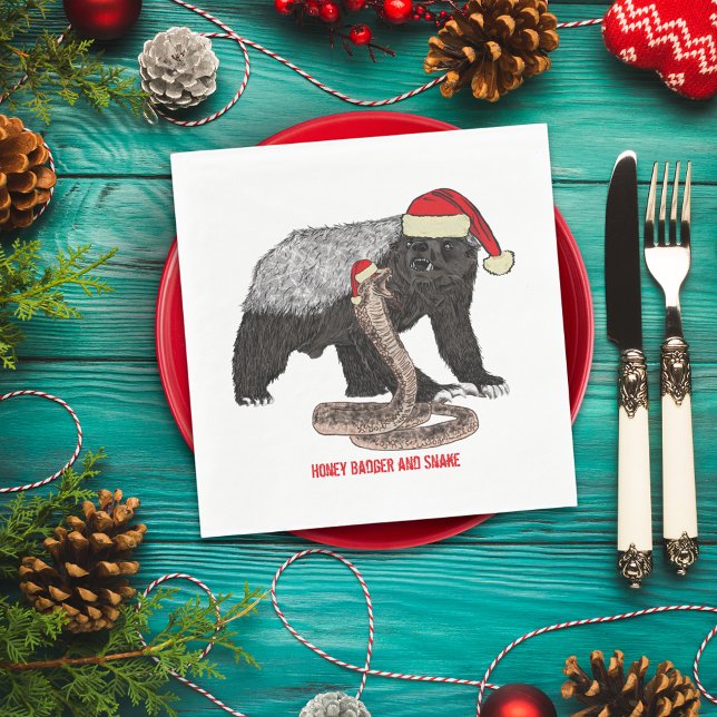 Honey badger & Snake Funny Badass-jul Pappersservett (Christmas honey badger and snake wearing santa hat paper napkins)