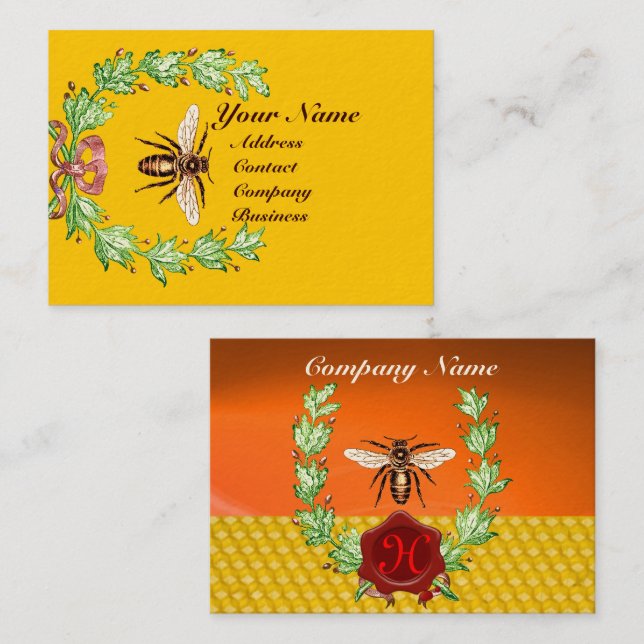 HONEY BE BEEKEEPPING WREATH RED VAX SEAL MONOGRAM VISITKORT (Fram/baksida)