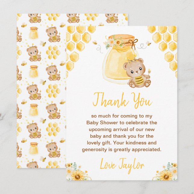 Honey Bear Baby Shower Tack Kort (Fram/baksida)