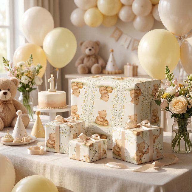 Honey Bear Blommig Baby Födelsedag Presentpapper (Skapare uppladdad)