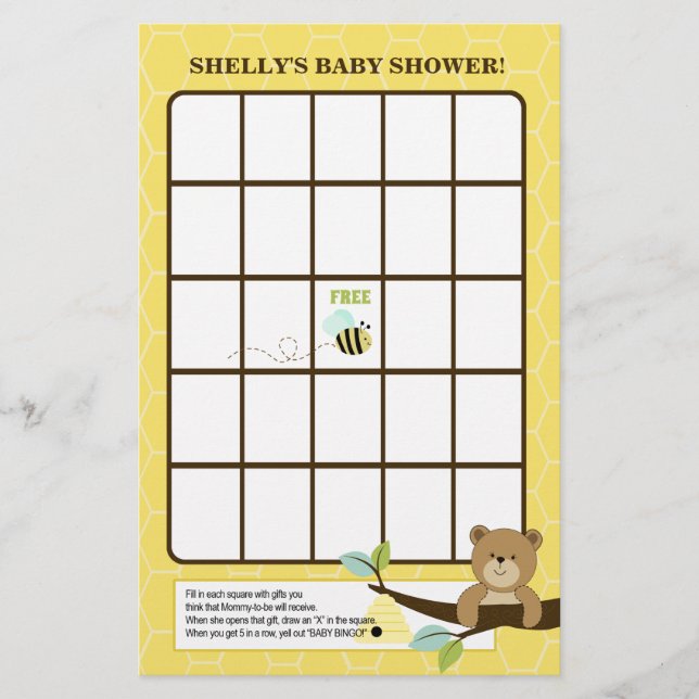 Honey Bear och Bee Baby Shower Bingo-spel (Framsida)