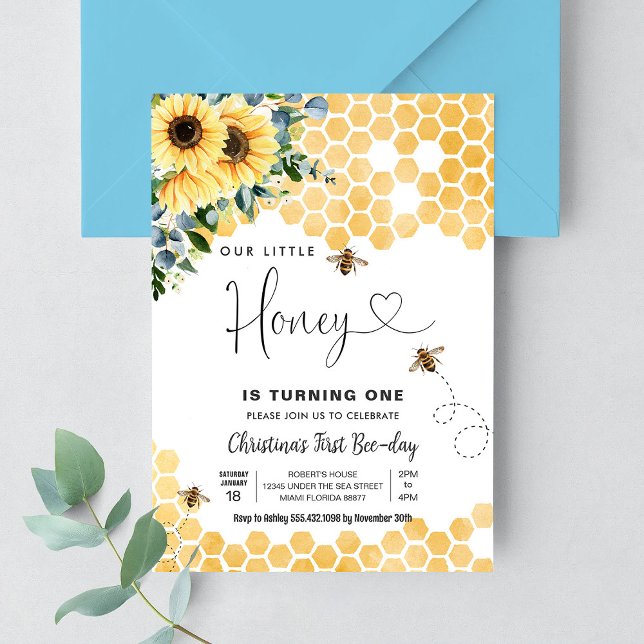 Honey Bee 1:a födelsedagsfest för bin Inbjudningar (Skapare uppladdad)