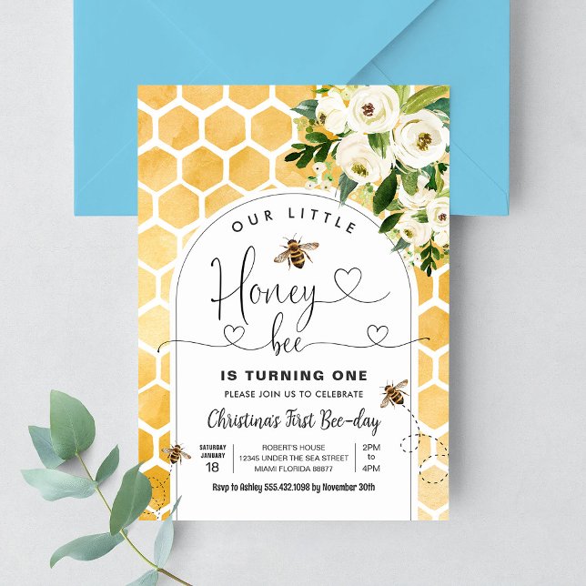 Honey Bee 1:a födelsedagsfest för bin Inbjudningar (Skapare uppladdad)