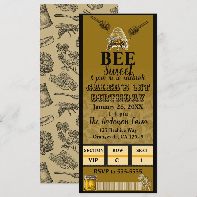 Honey Bee Bikupa Födelsedagsfest Biljett Inbjudningar (Fram/baksida)