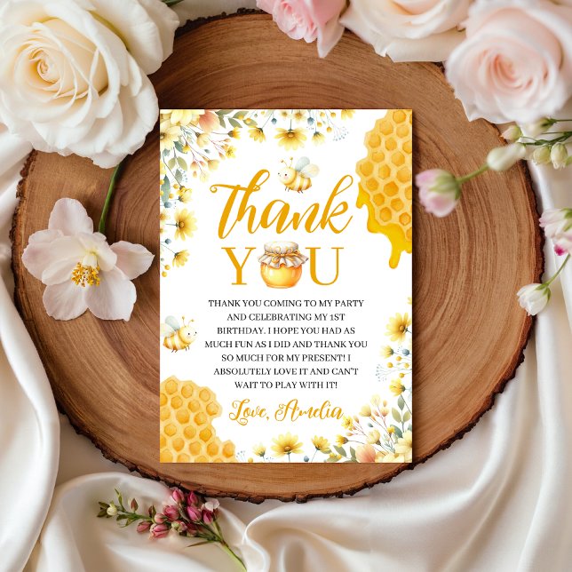 Honey Bee First Birthday Thank You Card Inbjudningar (Skapare uppladdad)