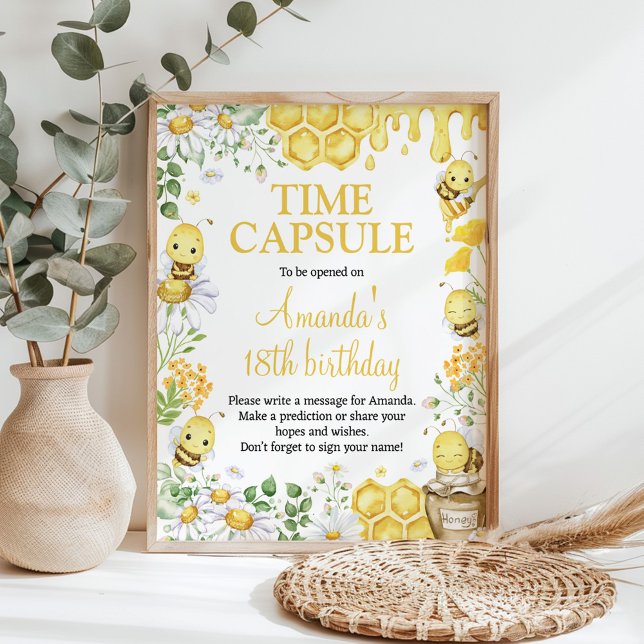 Honey Bee Floral Birthday Party Time Capsule Sign Poster (Skapare uppladdad)