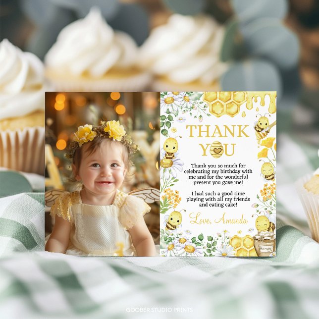 Honey Bee Floral First Bee Day Birthday Photo Tack Kort (Skapare uppladdad)