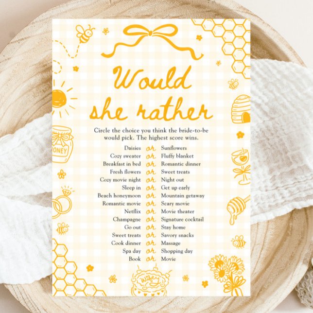 Honey Bee Would She Rather Bröllopsduschspel Inbjudningar (Honey Bee Would She Rather Bridal Shower Game)