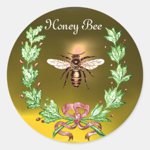 HONEY BEE,WREATH MED OAK LÖV OCH RED RIBBON RUNT KLISTERMÄRKE