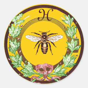 HONEY BEE,WREATH MED OAK LÖVS MONOGRAM RUNT KLISTERMÄRKE