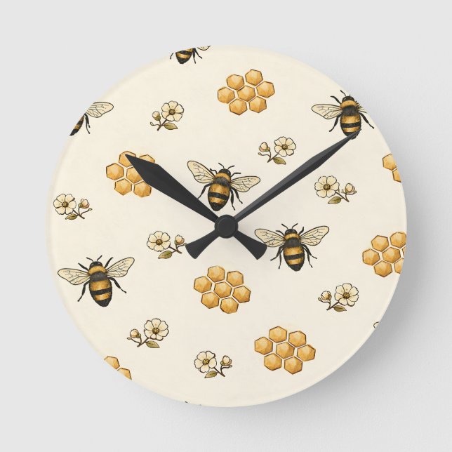 Honey Bees and Honeycomb Seamless Pattern Rund Klocka (Framsida)