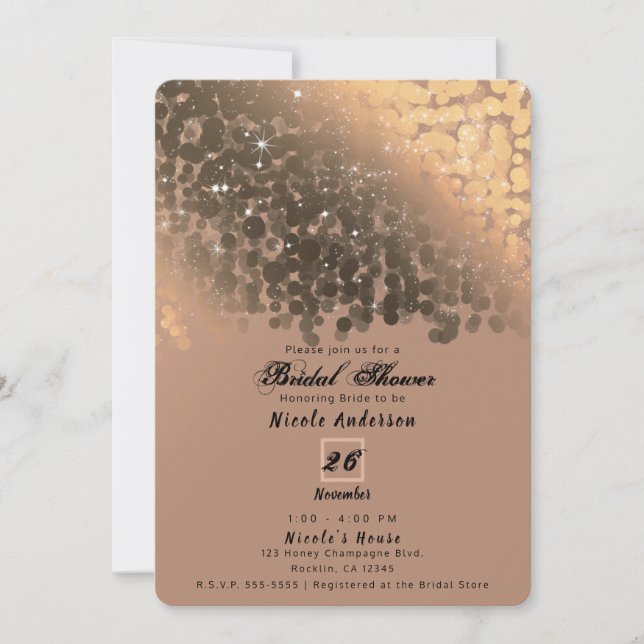 Honey Beige Champagne Gyllene Glitter Ljus Bröllop Inbjudningar (Framsida)