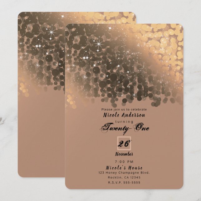 Honey Beige Champagne Gyllene Glitterljus Party Inbjudningar (Fram/baksida)