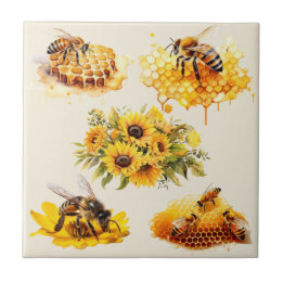 HONEY BES FLOWERS HONEYCOMB | Keramiska plattor Kakelplatta