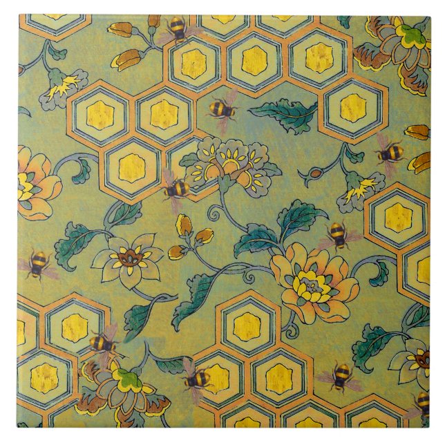 HONEY BES,KÖTT,VÅR BLOMMOR Gult Grönt Kakelplatta (Framsidan)