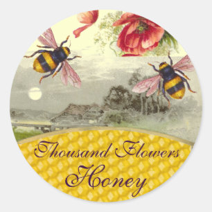 HONEY BES,RED POPPIES RUSTIC LANDSCAPE BEEKEEPER RUNT KLISTERMÄRKE