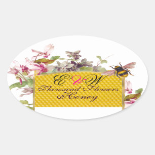 HONEY BEY,ROSA CYKLAMEN FLOWERS BEEKEEPER MONOGRAM OVALT KLISTERMÄRKE