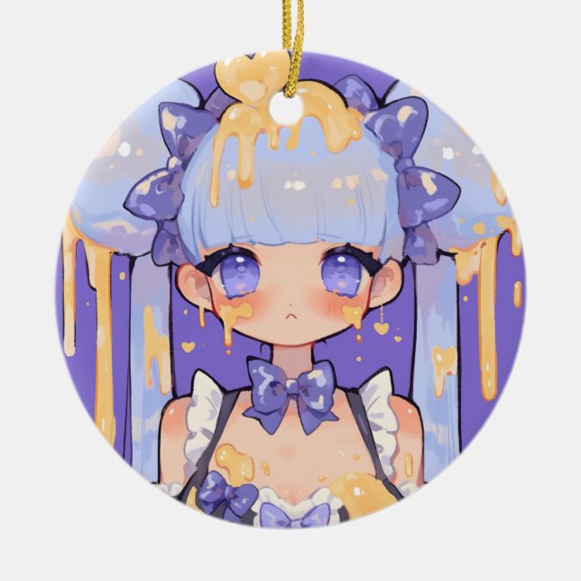 Honey Drip Kawaii Chibi Flicka Julgransprydnad Keramik (Framsidan)